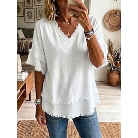 Women's Blouse Solid Color Vintage Stylish Basic Short Sleeve V Neck Regular Tops Casual Daily Blue Black White Yellow Pink Summer Spring