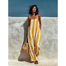 Women's Jumpsuit Vacation Full Length High Waist Striped Pocket Micro-elastic Yellow Red Royal Blue Summer Spring Loose Fit