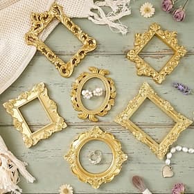 Vintage Gold Mini Carved Picture Frame Resin Decorative Ornament, Multi-Shape Desktop Miniature, Elegant French Home Decor, DIY Accessories for Jewelry, Nail A