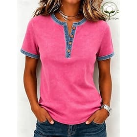 Dames Gewassen katoen 100% Katoen Lapwerk Knop Vintage Korte mouw Strakke ronde hals Normale tops blauw Blozend Roze Zomer Lente thumbnail 2