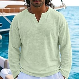 Per uomo Maglietta in lino Manica Lunga Scollo a V Con intaglio Primavera  Estate Estate Primavera Tinta unica Semplice Vintage Stile Boho Casual Trasparente C thumbnail 2