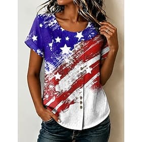 Amerikaanse onafhankelijkheidsdag Dames Blouse Knop Afdrukken Bloemig Grafisch Vintage Tropisch Stijlvol Korte mouw Strakke ronde hals Lange tops Casual Feestd thumbnail 2