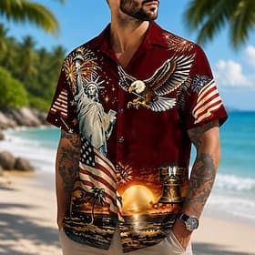 4 de julio de 2026, 250 aniversario Hombre Águila Bandera estadounidense Camisa Camisa de verano Abotonar la camisa Manga Corta Patriótico Exterior Festival Ve thumbnail 6