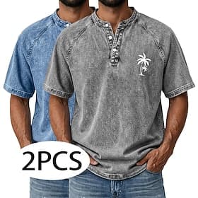 SoftFade™ Men's 2-PCS Coconut Tree T Shirt Demin Shirt 100% Cotton Acid Wash Shirt Short Sleeve Vintage Streetwear Casual Home Street Summer Spring Black Light