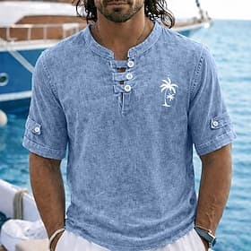 SoftFade™ Men's Polo Shirts 100% Cotton Acid Wash Shirt Casual Holiday Collarless Short Sleeve Fashion Basic Palm Tree Buttons Vintage Summer Spring Blue Red G