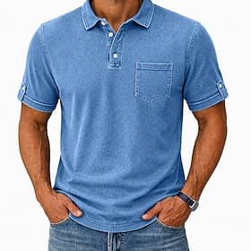 SoftFade™ Men's Polo Shirts 100% Cotton Acid Wash Shirt Casual Holiday Lapel Short Sleeve Fashion Basic Plain Textured Buttons Vintage Summer Spring Blue Brown thumbnail 3