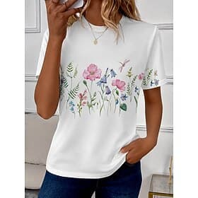 Per donna Maglietta Stampato Floreale Grafico Piante Elegante Classico Casual Manica Corta Girocollo Top Regolari Casuale Quotidiano Bianco Estate Primavera thumbnail 2