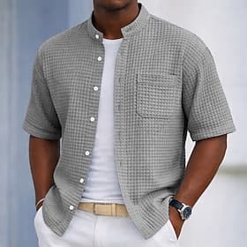 Herren Hemd Waffelhemd Freizeithemd Knopfhemd Schwarz Hellgrün Marineblau Purpur Militßrgrün Kurzarm Einfach Großvaterkragen Lässig Täglich Fronttasche Bekleid