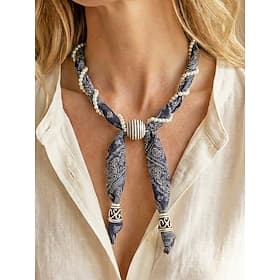 Women's Bohemian Scarf Necklace with Pearl Wrap, Paisley Fabric Statement Jewelry for Resort Vacation, Boutique Casual and Artisan Fashion Style