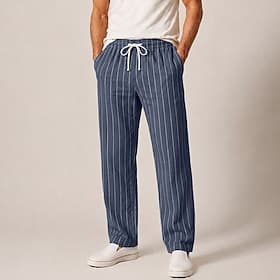 Men's Striped Linen Pants Elastic Waist Drawstring