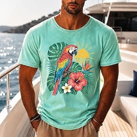 Men's Floral Parrot Coconut Palm  100 Cotton Acid Wash Heavyweight T-shirt Short Sleeve T shirt DTG Crew Neck Shirt Fashion Daily Holiday Blue Black Red Spring