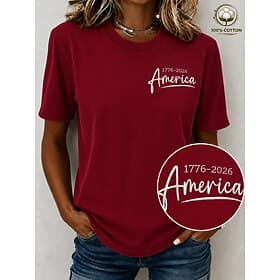 American Independence Day Women's 100% Cotton Embroidered Elegant T Shirt Cotton Shirt Vintage Fashion Short Sleeve Crew Neck Round Neck Regular Tops Casual Da