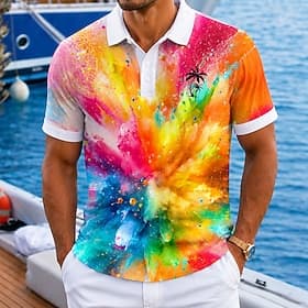 Men's Dazzle color Hawaiian Polo Shirts Short Sleeve Polo Shirts Collared Shirts Casual Resort Athleisure Vacation Wear 3D Print Buttons Breathable Mesh Spring