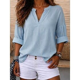 Femmes Chemise Chemises en coton et lin Coton mélangé Chemisier Couleur Unie Uni Basique manche longue Col en V Encolure en V Hauts Réguliers Occasionnel Quoti