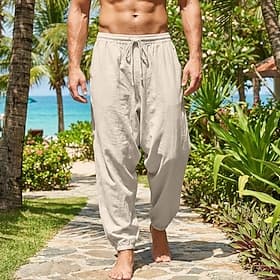 Men's Linen Pants Trousers Summer Pants Baggy Pants Drawstring Elastic Cuff Solid Color Plain Comfort Breathable Full Length Daily Outdoor Holiday Vacation Fas