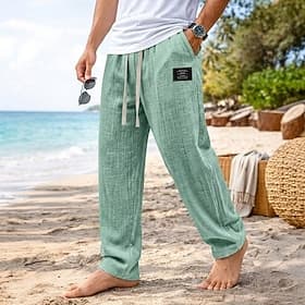 Men's Linen Pants Trousers Summer Pants Drawstring Elastic Waist Straight Leg Plain Lightweight Comfortable Full Length Casual Daily Outdoor Vacation Fashion B