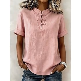 Femmes Chemises en coton et lin Chemisier Élégant Manche Courte Col mandarin Hauts Longs Bleu Blanche Rose Claire Vert Kaki Été Printemps