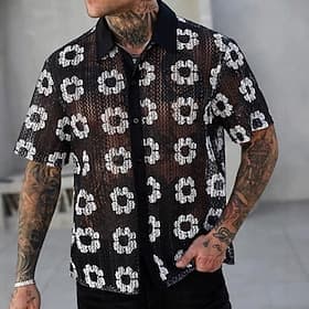 Men's Shirt Casual Shirt Button Up Shirt Jacquard Shirt Black Short Sleeve Floral Shirt Collar Casual Daily Knitting Clothing Apparel Elegant Fashion Casual
