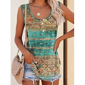 Femmes Chemise Chemisier Boutons Imprimé Graphique Géométrique Bohème ancien Ethnique Sans manches Col en U Hauts Longs Occasionnel Quotidien Vert Été Printemp
