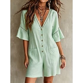 Women's Normal Jumpsuit Vacation Solid Color Half Sleeve V Neck Pocket Daily Beach Regular Fit Blue White Light Green Summer