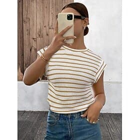 Women's T Shirt Tee Top Striped Elegant Casual Sleeveless Sleeveless Crew Neck Round Neck Regular Tops Casual Daily Blue Black Camel Apricot Summer Spring