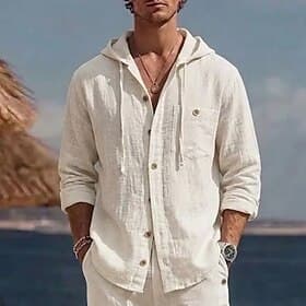 Men Shirt Linen Shirt Summer Shirt Beach Wear Button Up Shirt Hooded Shirt Solid Color Casual Vacation White Sky Blue Gray Long Sleeve Hooded Summer Spring Clo