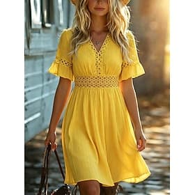 Women's Knee Length Dress Boho Dress Lace Dress Summer Dress Elegant Fashion Beach Vacation Regular Fit Plain Short Sleeve V Neck White Yellow Red Light Blue S