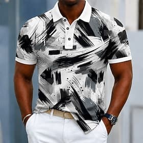 Men's Geometic Polo Shirts Short Sleeve Polo Shirts Collared Shirts Casual Athleisure 3D Print Buttons Breathable Mesh Summer Spring Blue Black Purple