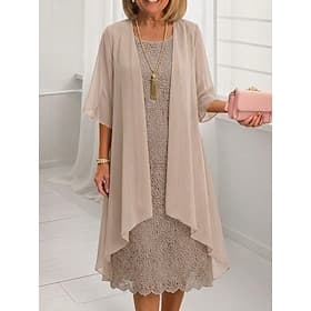 Women's Knee Length Dress Chiffon Dress Lace Dress Cocktail Dress Elegant Fashion Classic Beach Vacation Holiday Regular Fit Floral Half Sleeve Crew Neck Apric