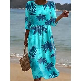 Women's Midi Dress Sundress Summer Dress Vacation Casual Boho Holiday Regular Fit Floral Graphic Tropical 3/4 Length Sleeve Crew Neck Blue Summer Spring