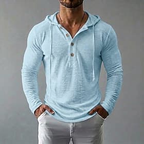Men's Linen T-Shirt Long Sleeve Hooded Spring  Summer Summer Spring Solid Color Plain Vintage Bohemian Casual See Through Casual Vacation Street Black White Li