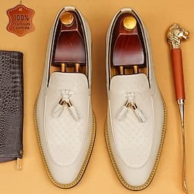 Men's Premium Genuine Leather White Tassel Loafers Slip-On Elegant Dress Shoes Woven Detail Formal Footwear for Groom, Wedding Guests, Banquets and Resort Even