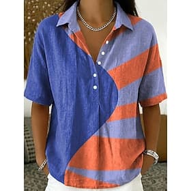 Women's Shirt Buttons Print Graphic Geometric Vintage Daily Stylish Short Sleeve Turndown Long Tops Casual Daily Holiday Blue Summer Spring