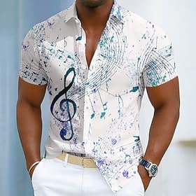 Men's Music Notes Shirt Summer Shirt Button Up Shirt Short Sleeve Vintage Daily Music Festival Holiday Summer Spring Turndown 3D Print Front One Pocket Linen L