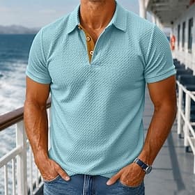 Men's Cooling Ice Silk Seersucker Polo Textured Casual Holiday Turndown Short Sleeve Fashion Basic Plain Buttons Cooling Spring  Summer Blue Black White Gray C