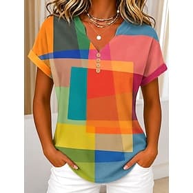 Women's T Shirt Graphic Geometric Color Block Stylish Casual Short Sleeve Henley Regular Tops Casual Daily Weekend Orange Summer Spring