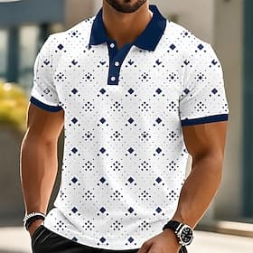 Men's Geometic Polo Shirts Short Sleeve Polo Shirts Collared Shirts Casual Athleisure 3D Print Buttons Spring Summer Blue Red Navy Blue