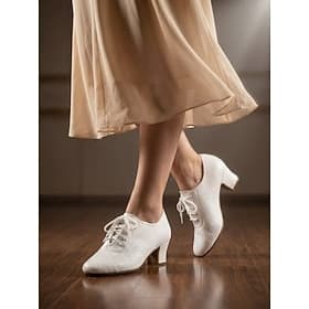 Women's White Oxford Ballroom Dance Shoes – Breathable Lace-Up Practice Heels for Jazz, Tap, Latin, Social Dancing Dance Training