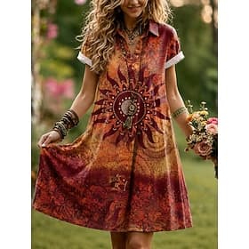 Women's Knee Length Dress A Line Dress Vacation Casual Boho Beach Regular Fit Graphic Geometric Short Sleeve Lapel Purple Brown Summer Spring