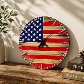 Handmade American Flag Clock Wooden Laser Engraved Wall Clock, Patriotic USA Independence Day 250th Anniversary Rustic Wall Decor for Living Room, Bedroom, Off