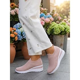Women's Pink Knit Wedge Slip-On Sneakers – Lightweight Breathable Casual Shoes for Resort Street Strolls, Walking, Travel and Everyday Wear