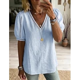Women's Lace Shirt Lace Splicing Top Blouse Elegant Bohemia Short Sleeve Lantern Sleeve V Neck Regular Tops Light Blue White Green Summer Spring