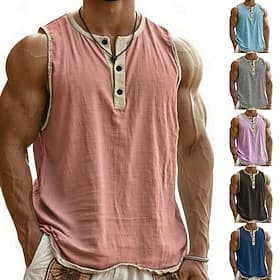 Men's Tank Top Vest Top Undershirt Sleeveless Shirt Sleeveless Henley Summer Plain Fashion Designer Basic Buttons Vacation Street Going out Black Pink Navy Blu