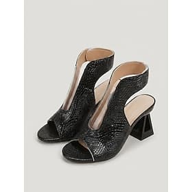 Sandales noires à bout ouvert pour femmes - talons hauts carrés modernes à texture serpent et empiècement en PVC transparent, idéales pour le bureau, les traje