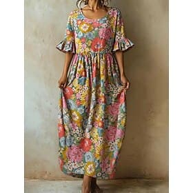 Women's Maxi Dress Casual Dress A Line Dress Elegant Vacation Stylish Beach Holiday Regular Fit Floral Graphic Half Sleeve Crew Neck Pink Summer Spring