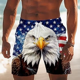 4th of July 2026 250th Men's Eagle American Flag Swim Trunks Bathing Suits Swim Shorts Board Shorts Mid Waist Patriotic Daily Holiday Side Pockets Mesh Lining