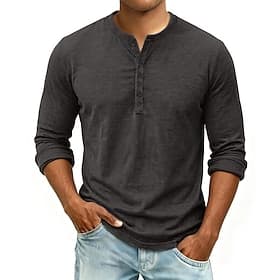Men's Vintage Shirt Henley Shirt Retro Shirts Tee Top Long Sleeve Shirt Long Sleeve Plain Solid Vintage Fashion Basic Garment Dyed Faded Plain Henley Casual Va