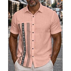 Men Shirt Linen Shirt Summer Shirt Beach Wear Button Up Shirt Solid Color Vacation Street Black Pink Sky Blue Gray Short Sleeve Shirt Collar Summer Spring Clot