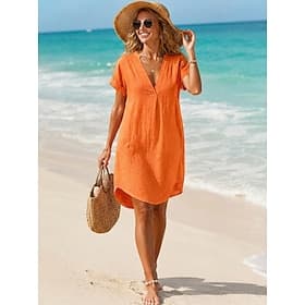 Dames Knielengte jurk Linnen jurken Vintage Dagelijks Slank Effen Korte mouw V-hals Khaki Rood Oranje Zomer