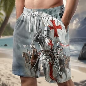 Men's Horse Knights Templar Crusaders Cross Sweat Shorts Beach Shorts Terry Shorts Mid Waist Religious Daily Streetwear Holiday 3D Print Elastic Drawstring Wai